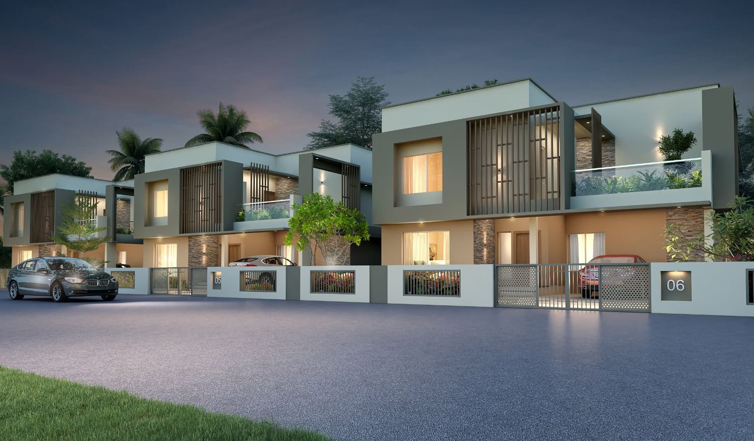 Dasco Royal Hill luxury villas street view at dusk
